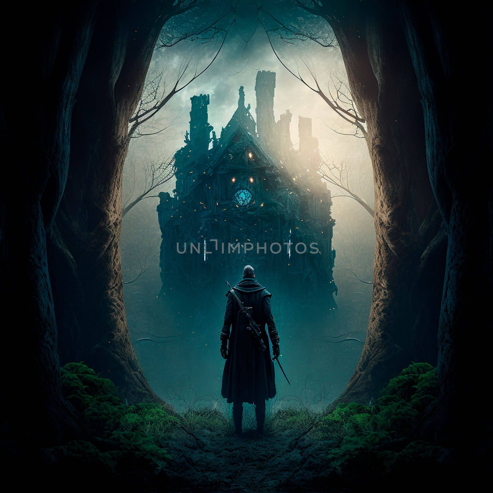 A man walks to the ruins of an ancient castle. High quality illustration