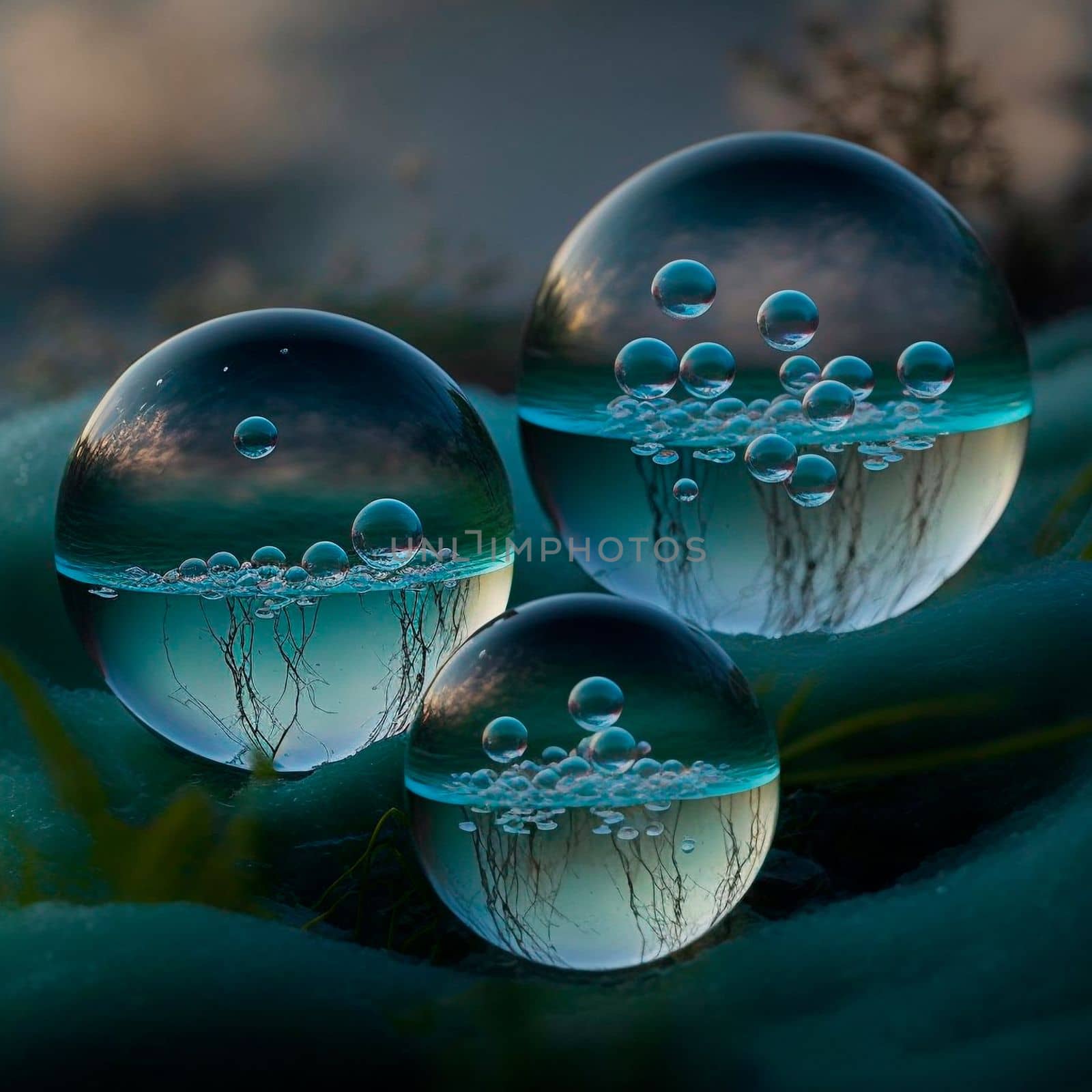 Transparent water spheres against a stunning backdrop of mountains and water. Reflection of the landscape and elements inside the spheres. High quality illustration