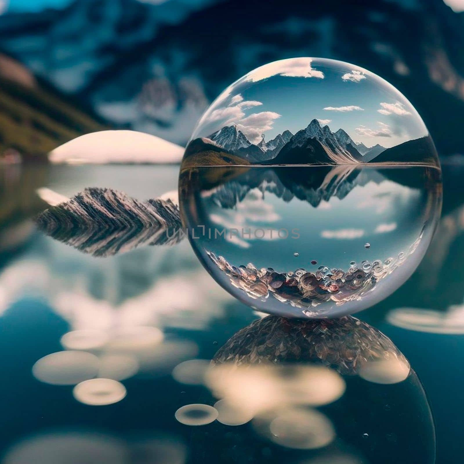 Transparent water spheres against a stunning backdrop of mountains and water. Reflection of the landscape and elements inside the spheres. High quality illustration