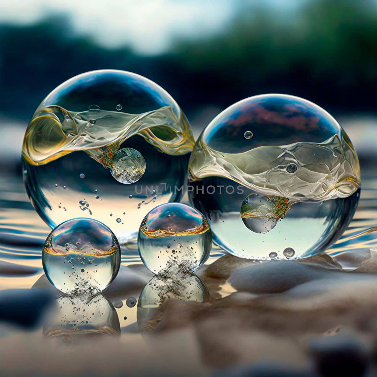 Transparent water spheres against a stunning backdrop of mountains and water. Reflection of the landscape and elements inside the spheres. High quality illustration