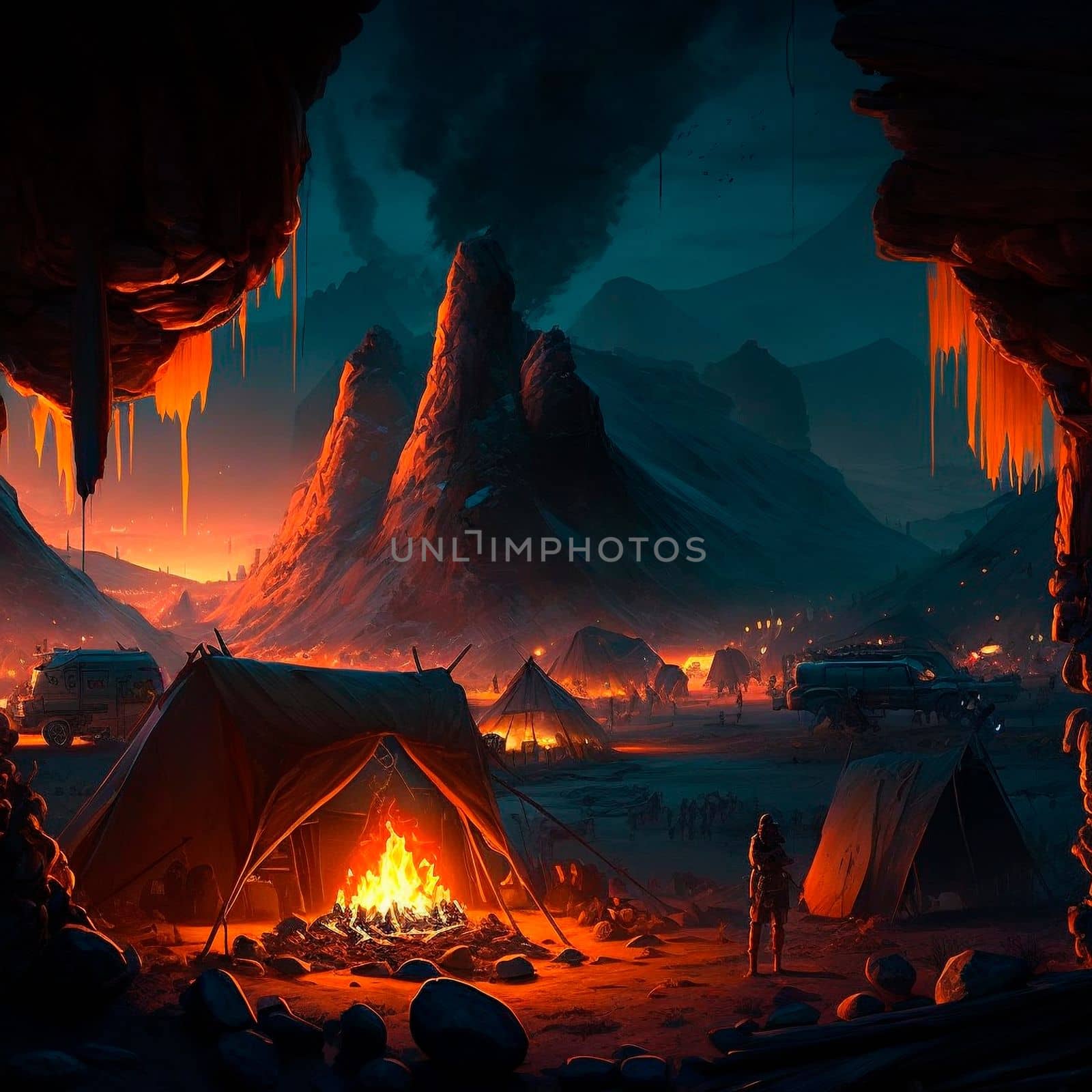 Tent city in the mountains near the volcano. Bonfire in the mountains. Lava world collection. High quality illustration