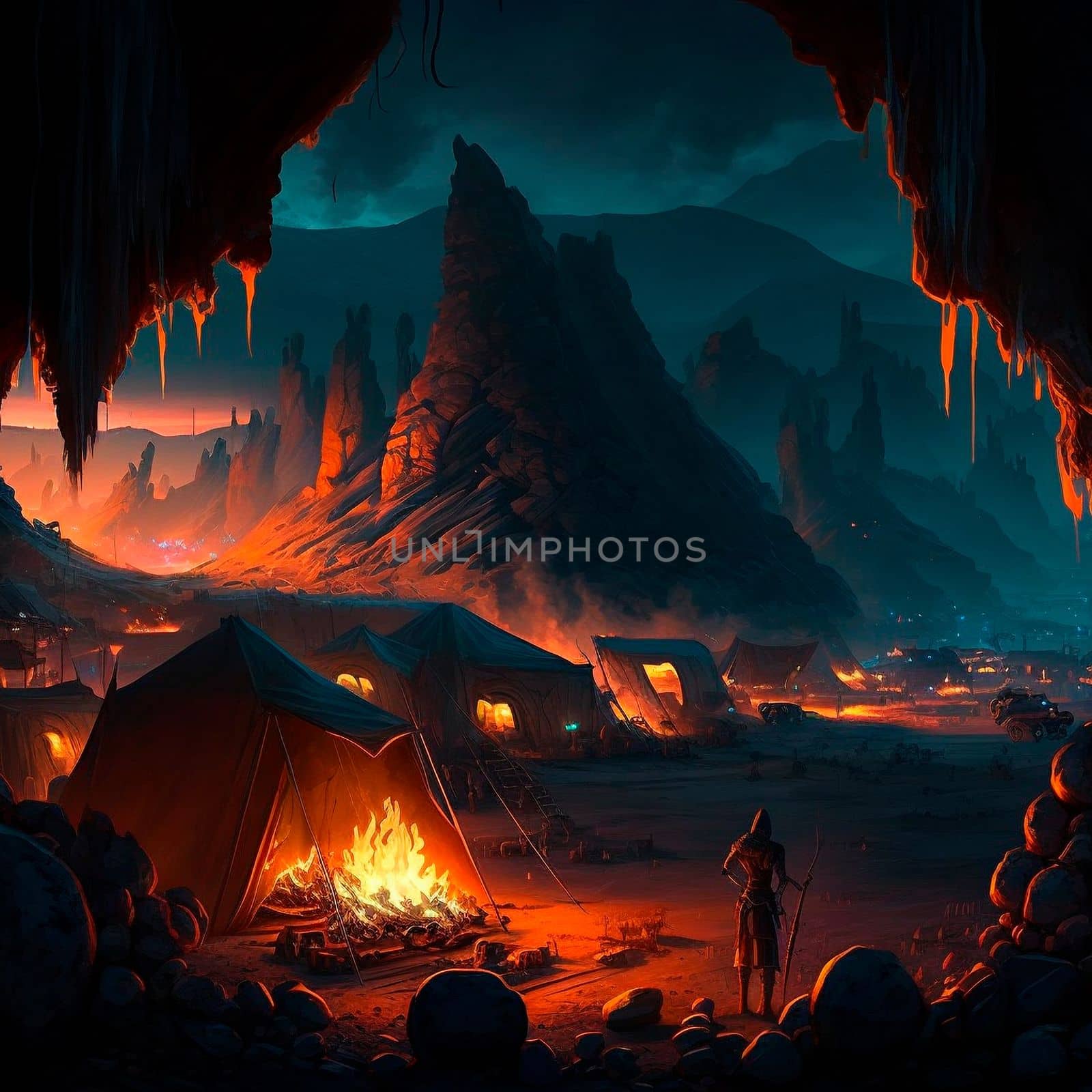 Tent city in the mountains near the volcano. Bonfire in the mountains. Lava world collection. High quality illustration