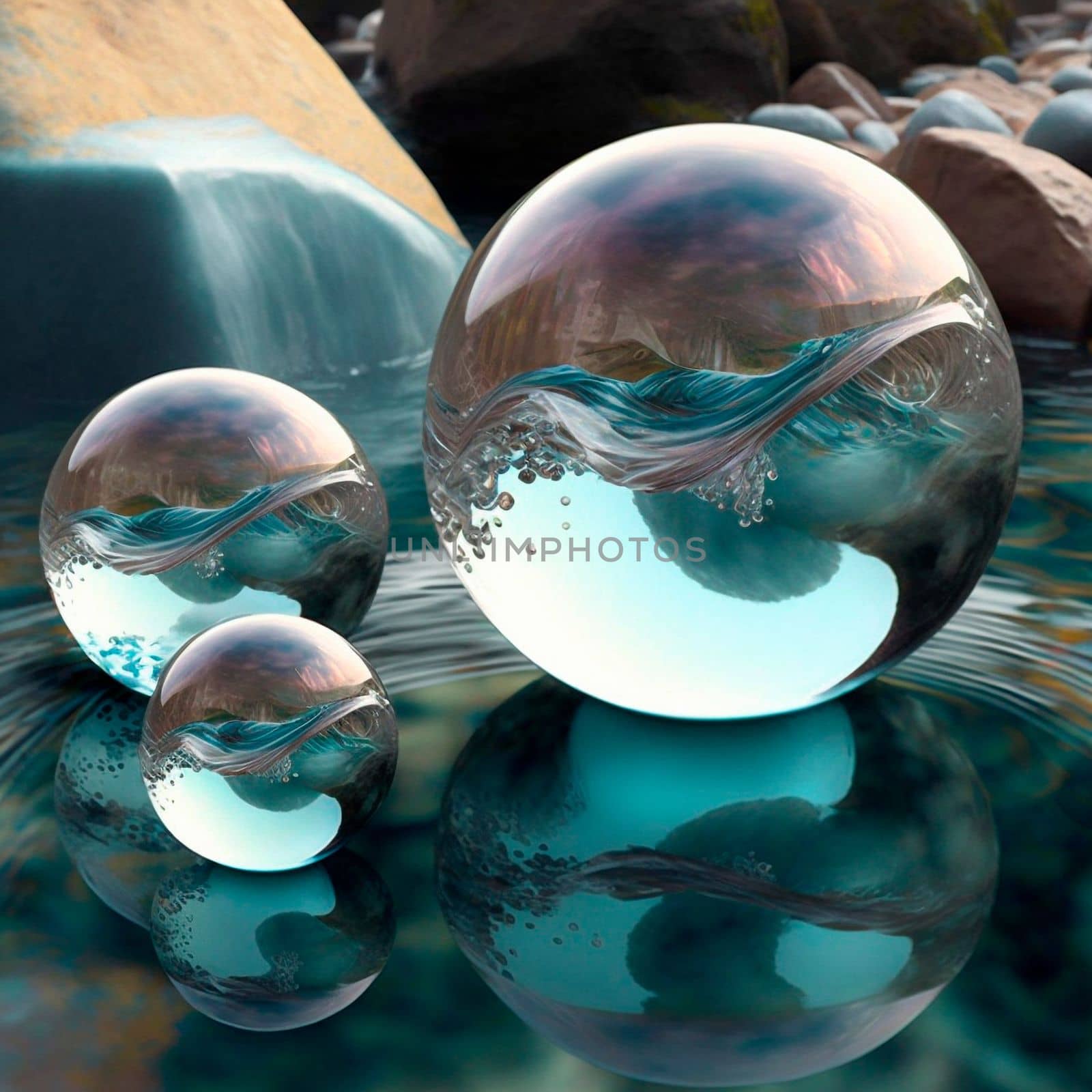 Transparent water spheres against a stunning backdrop of mountains and water. Reflection of the landscape and elements inside the spheres. High quality illustration