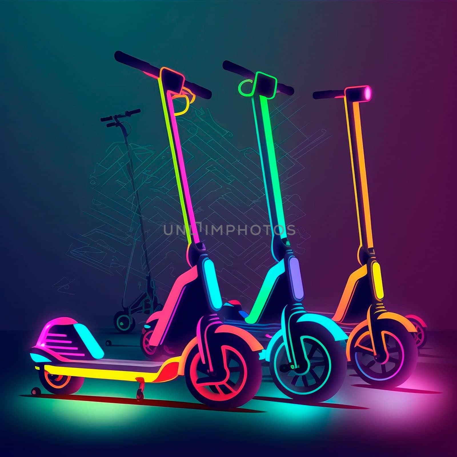 City scooters with neon lights. High quality illustration
