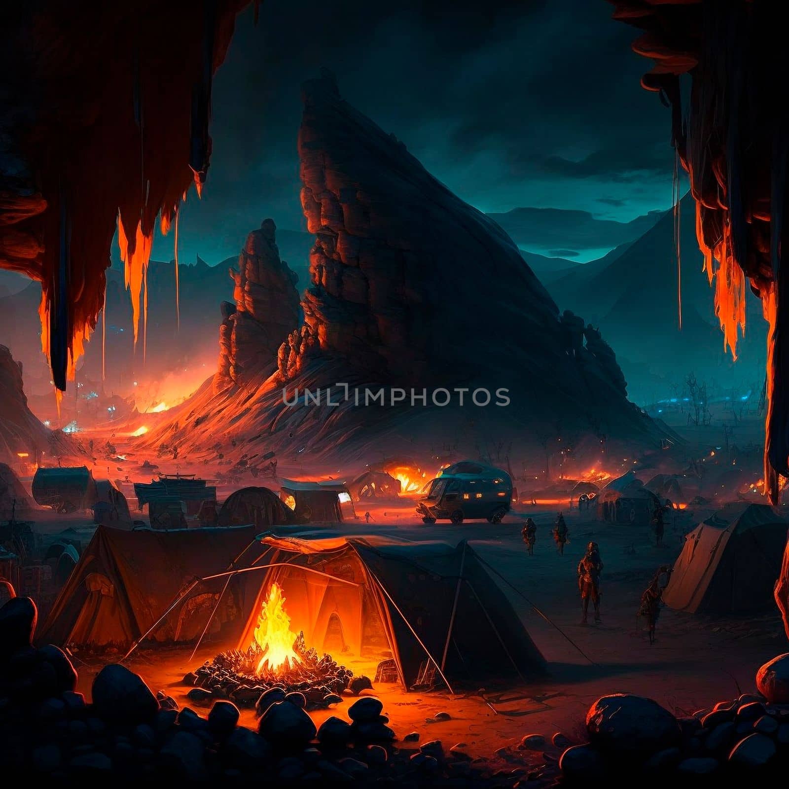 Tent city in the mountains near the volcano. Bonfire in the mountains. Lava world collection. High quality illustration