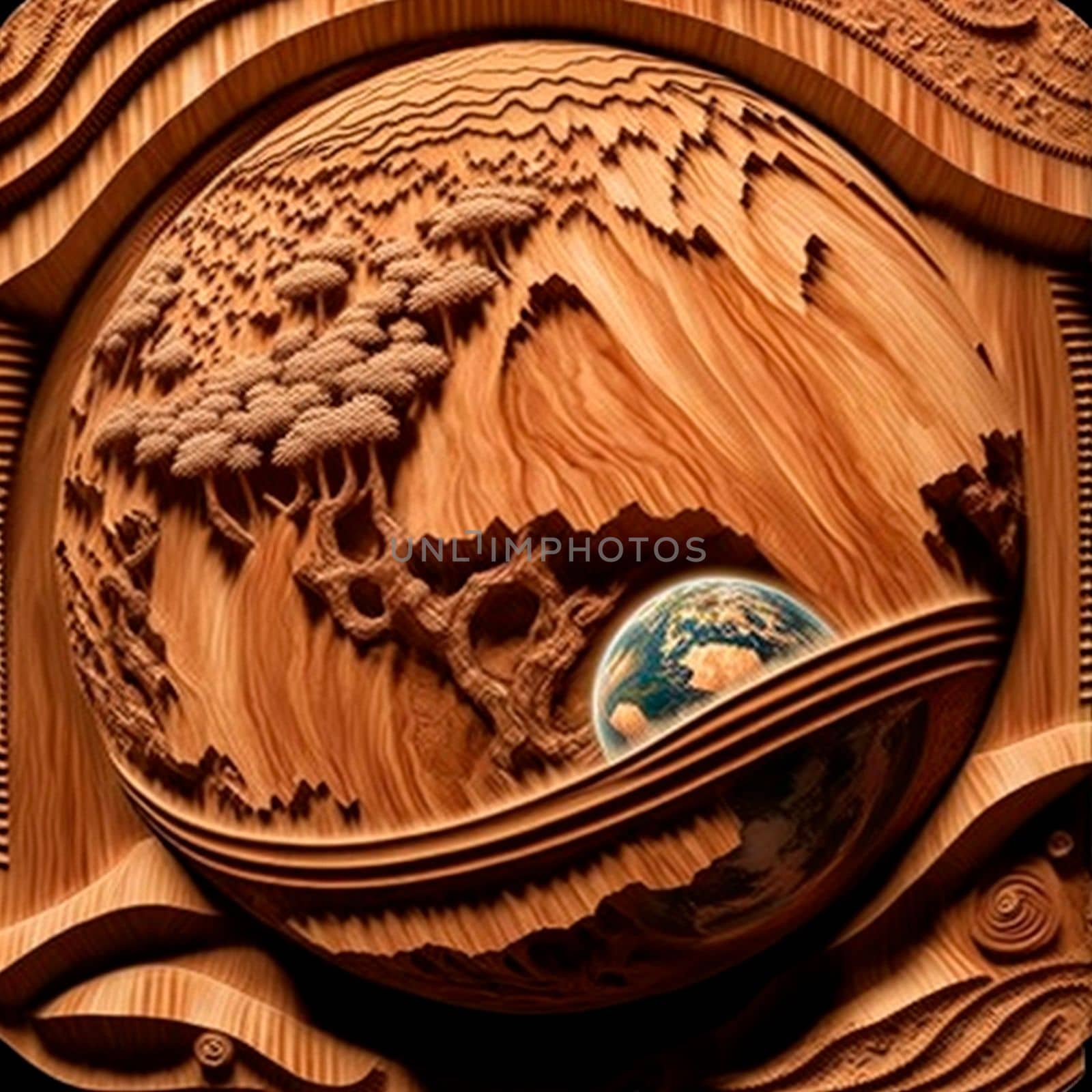 Planet Earth with reservoirs and continents carved out of wood by NeuroSky