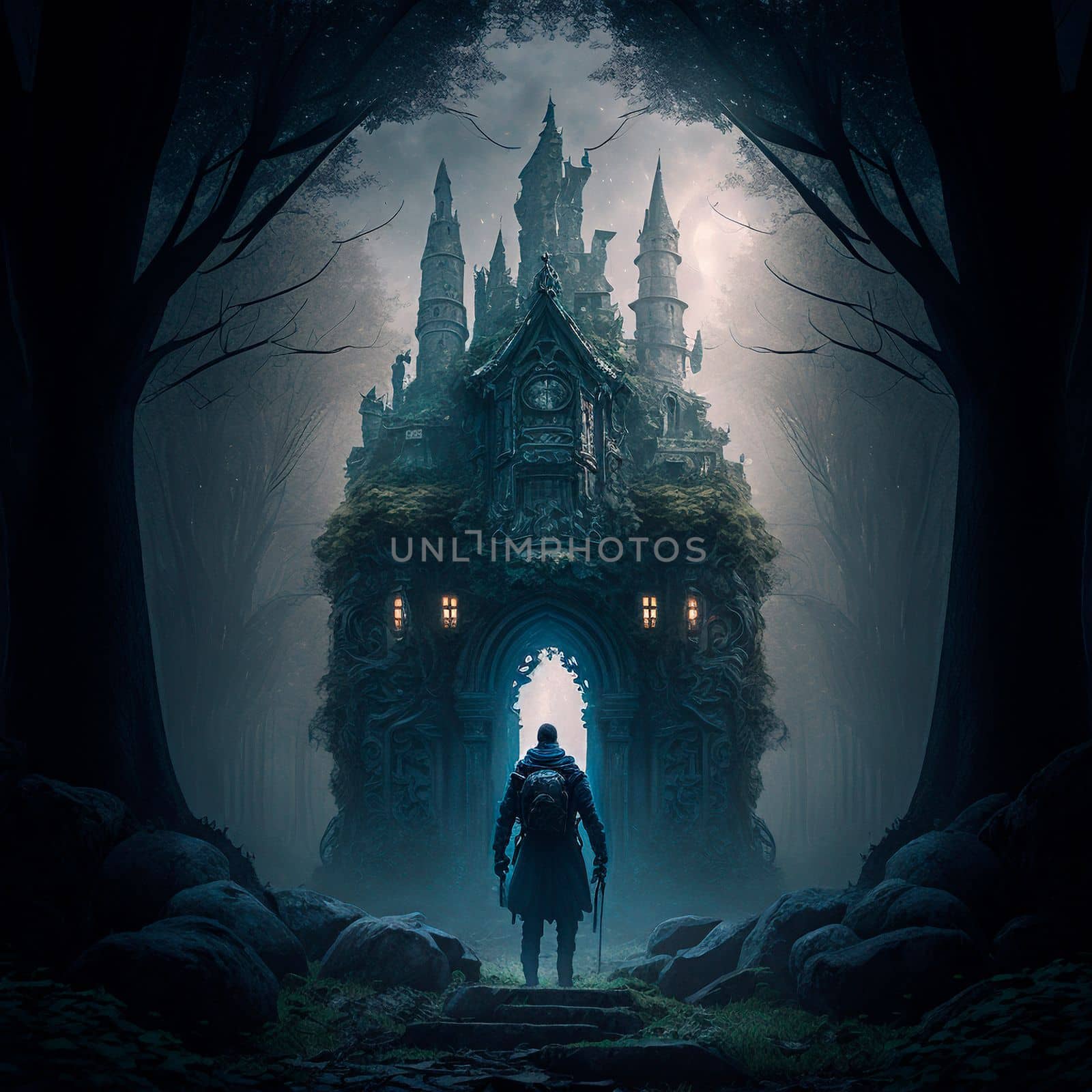 A man walks to the ruins of an ancient castle. High quality illustration