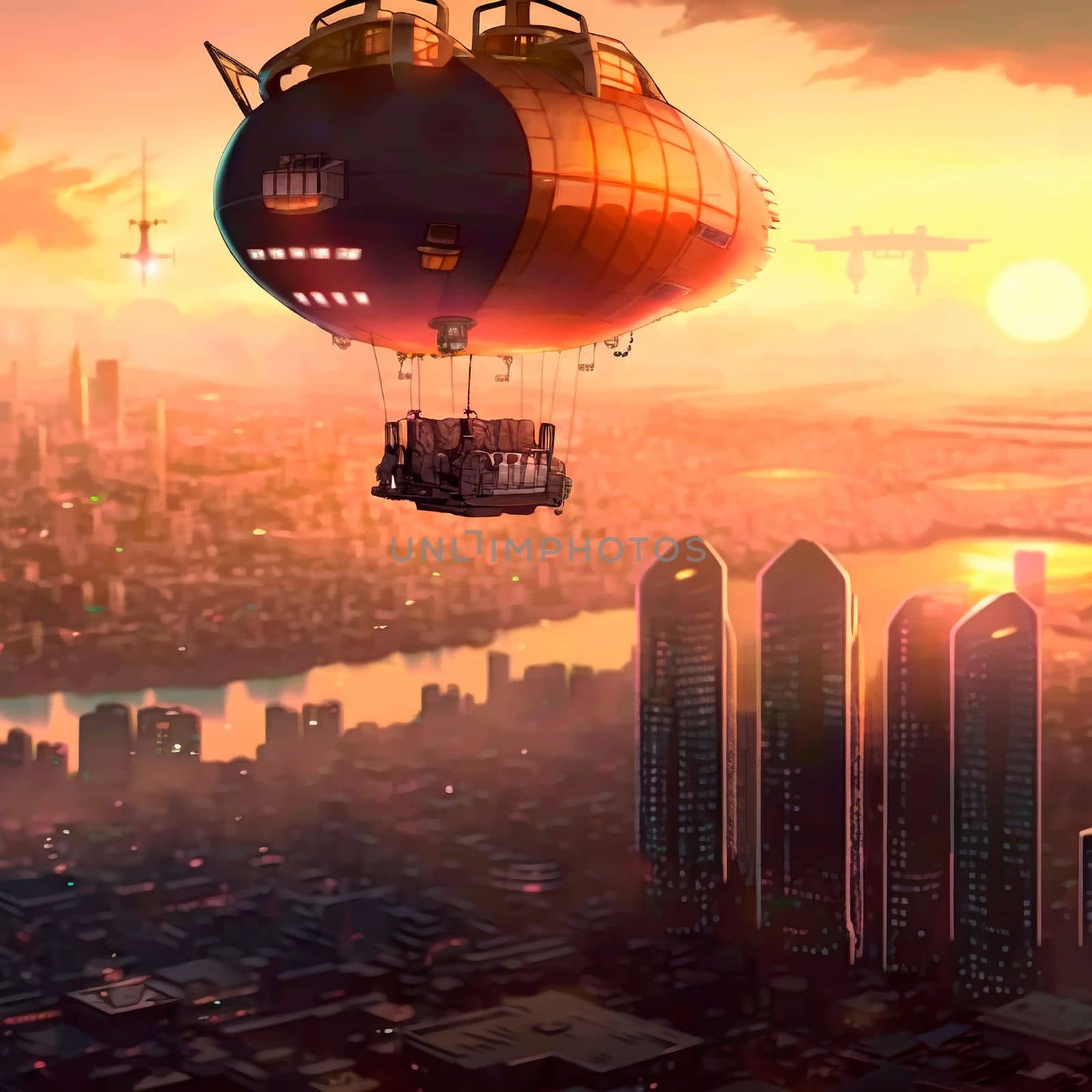 Steampunk airship flies over a modern city. High quality illustration