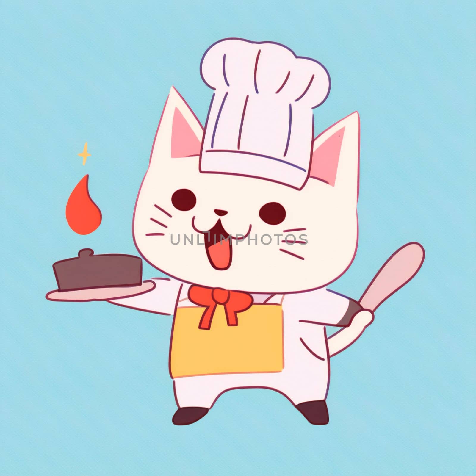 Cartoon image of a cook's cat in a chef's hat, who cooks something in the kitchen, cartoon. High quality illustration