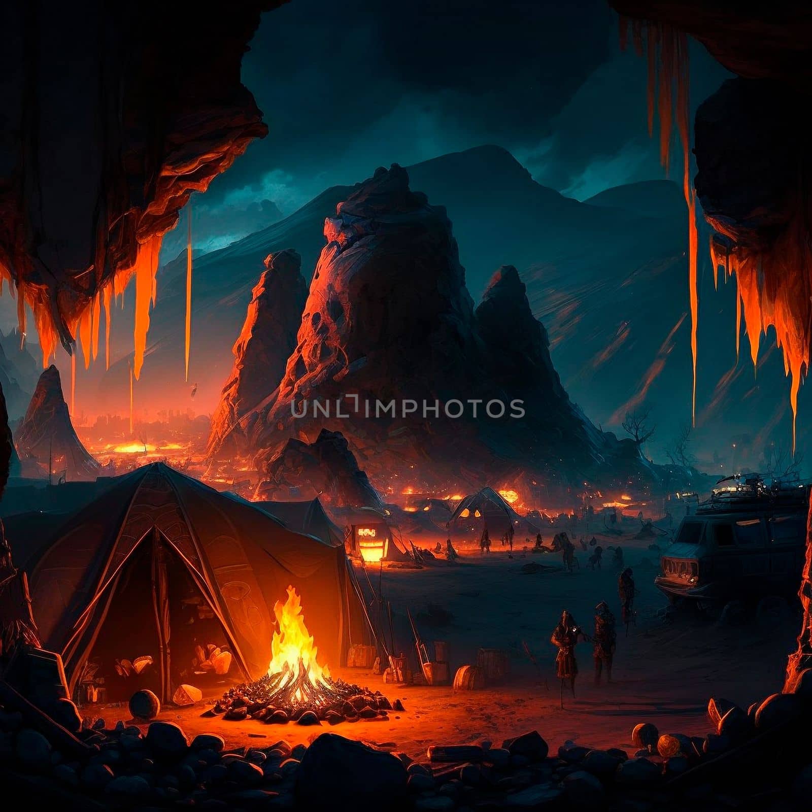 Tent city in the mountains near the volcano. Bonfire in the mountains. Lava world collection. High quality illustration