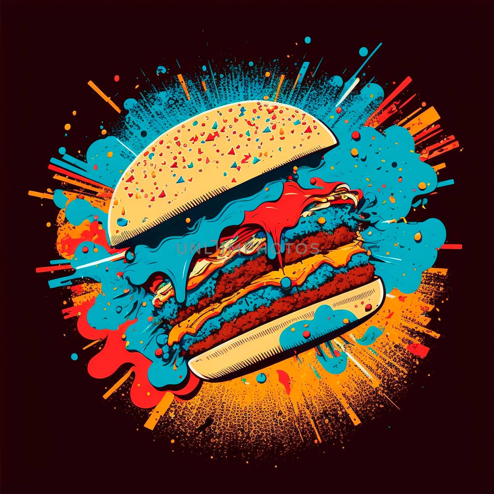 Colorful burger in thiel pop art . High quality illustration