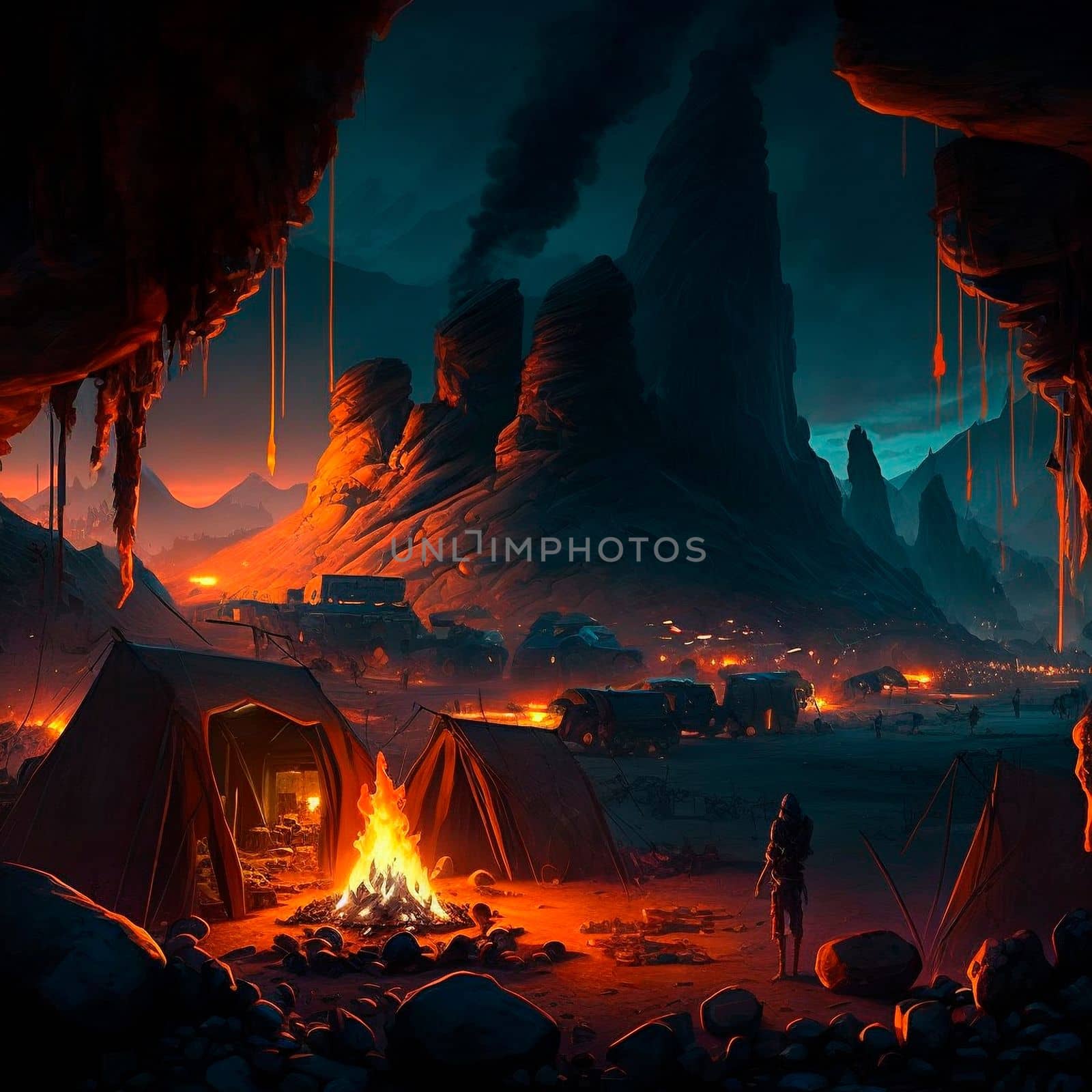 Tent city in the mountains near the volcano. Bonfire in the mountains. Lava world collection. High quality illustration
