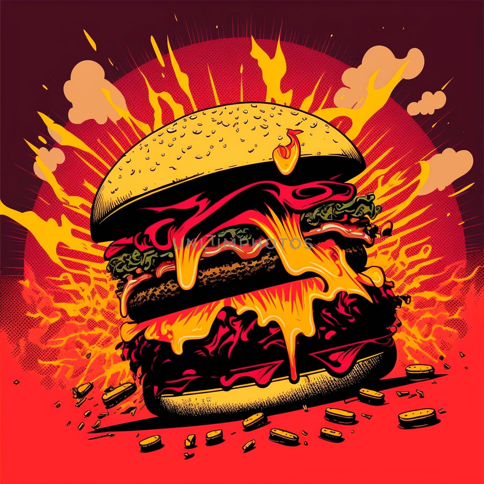 Colorful burger in thiel pop art . High quality illustration