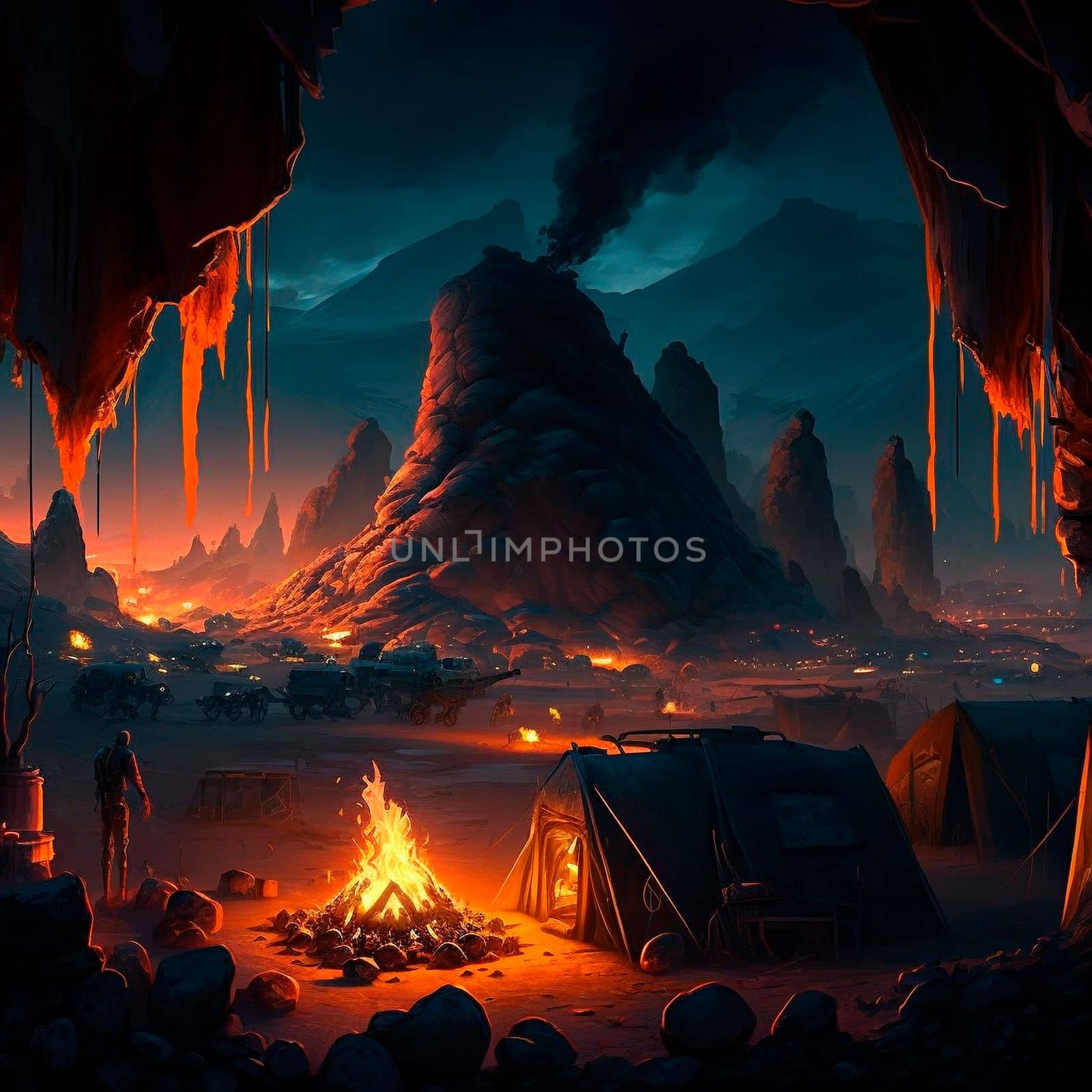 Tent city in the mountains near the volcano. Bonfire in the mountains. Lava world collection. High quality illustration