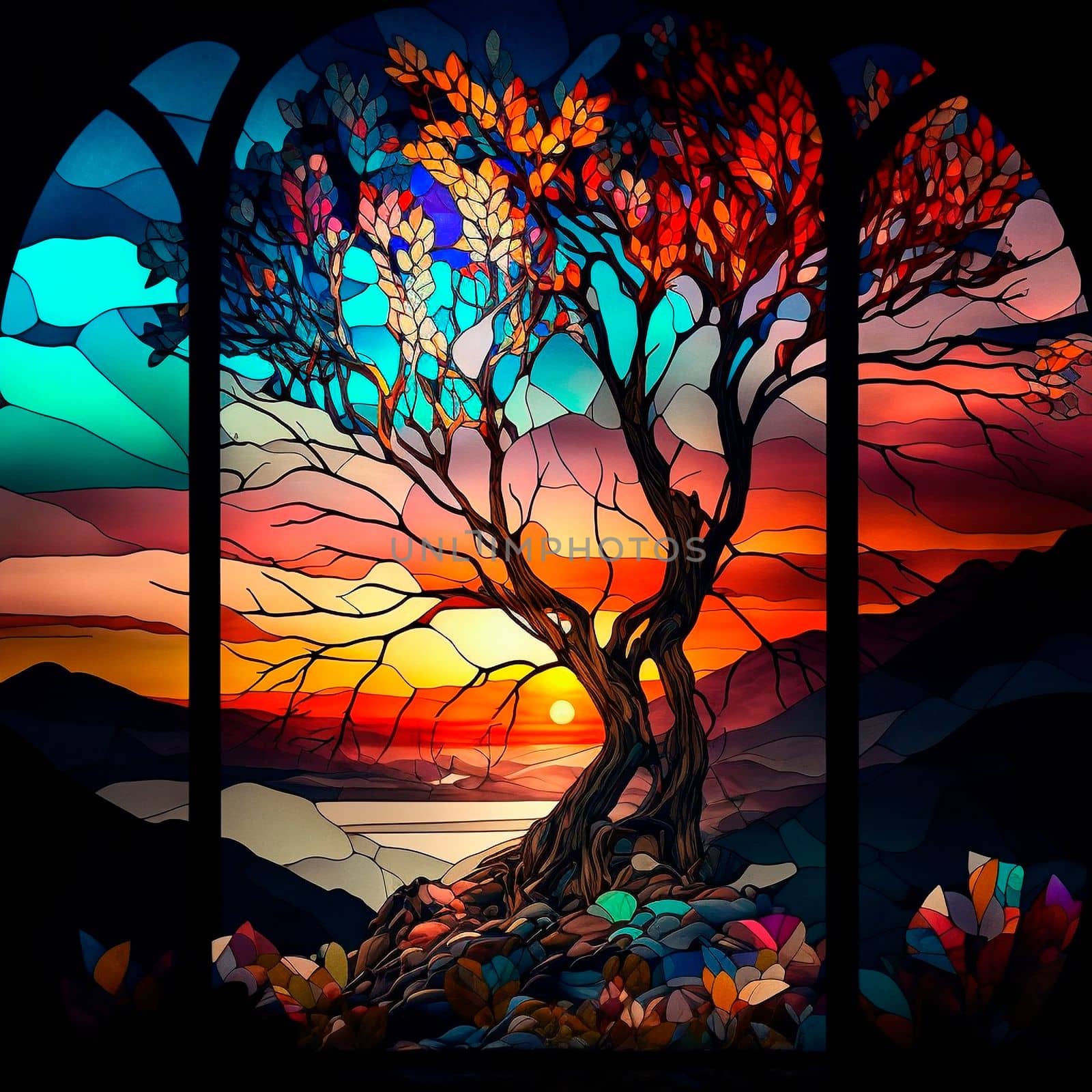 Multicolored image of nature in a glass mosaic. Stained glass. High quality illustration