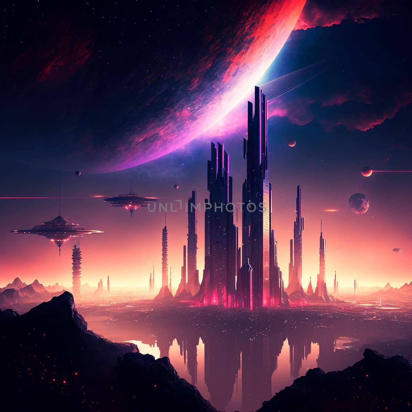 Futuristic city of the future on a distant planet . High quality illustration