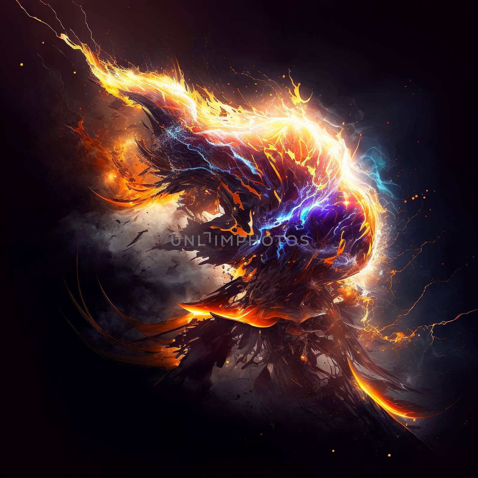Abstract image of the energy of fire and lightning, which mix into something unified. High quality illustration