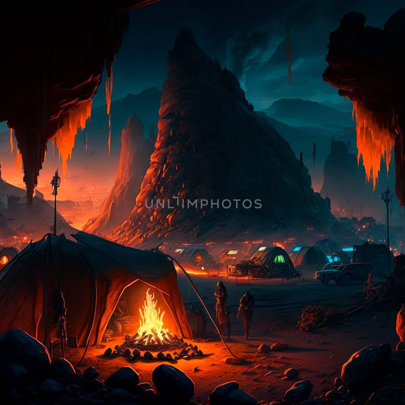 Tent city in the mountains near the volcano. Bonfire in the mountains. Lava world collection. High quality illustration