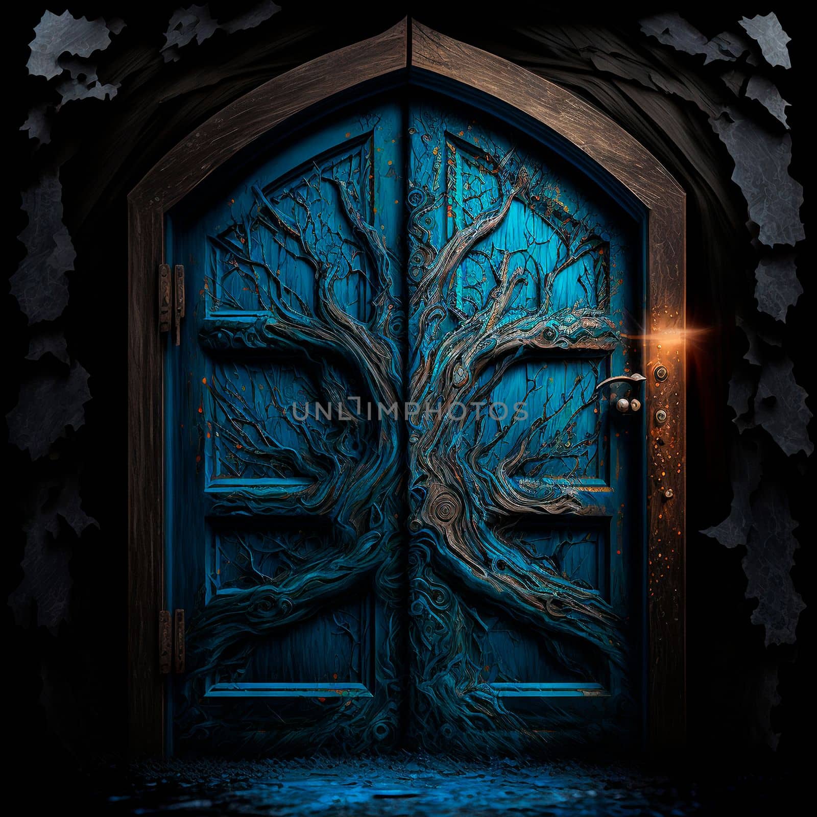 Mysterious wooden door with patterns. High quality illustration