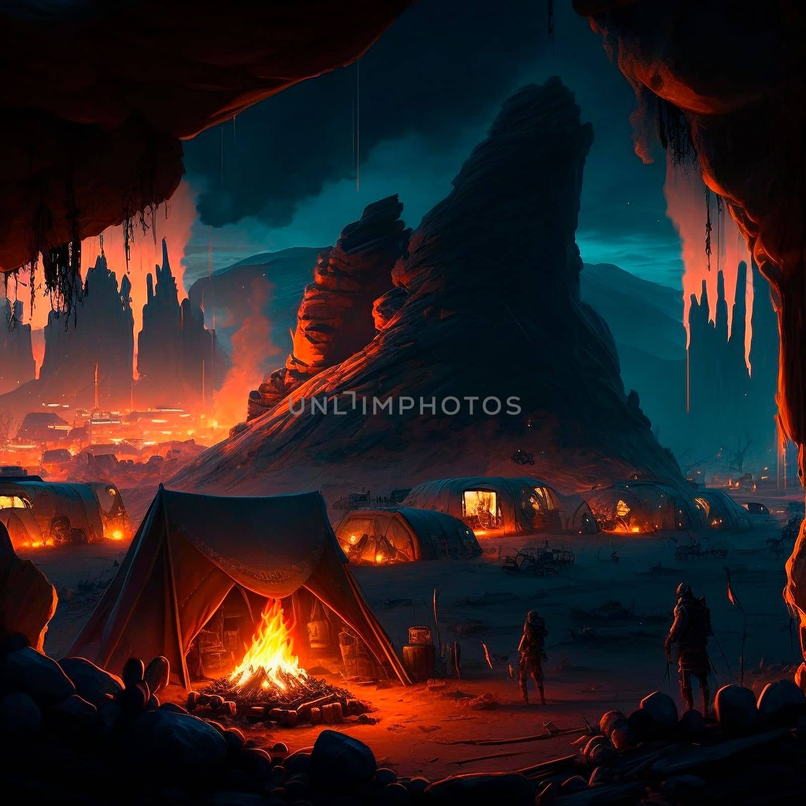 Tent city in the mountains near the volcano. Bonfire in the mountains. Lava world collection. High quality illustration