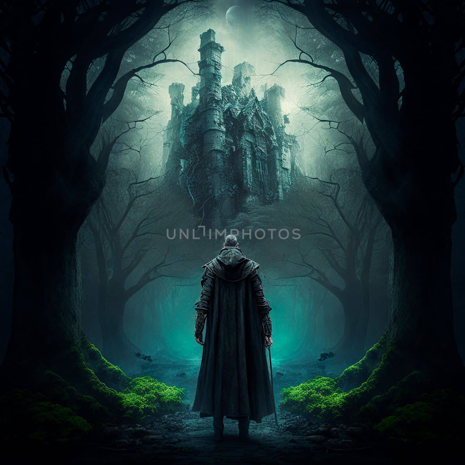 A man walks to the ruins of an ancient castle. High quality illustration