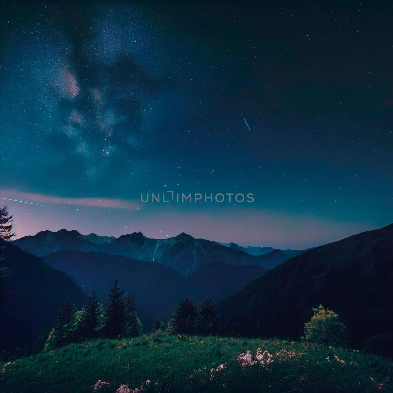 Mountains under the starry sky. High quality illustration