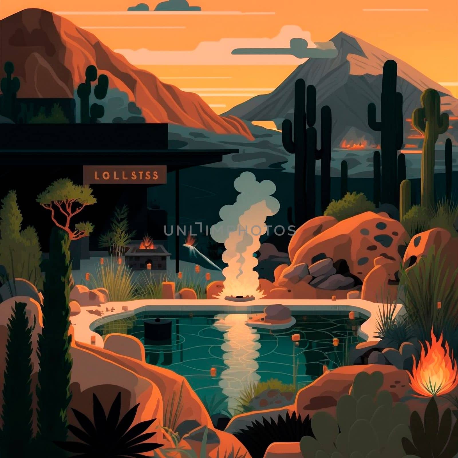 illustration of hot springs in mountain. High quality illustration