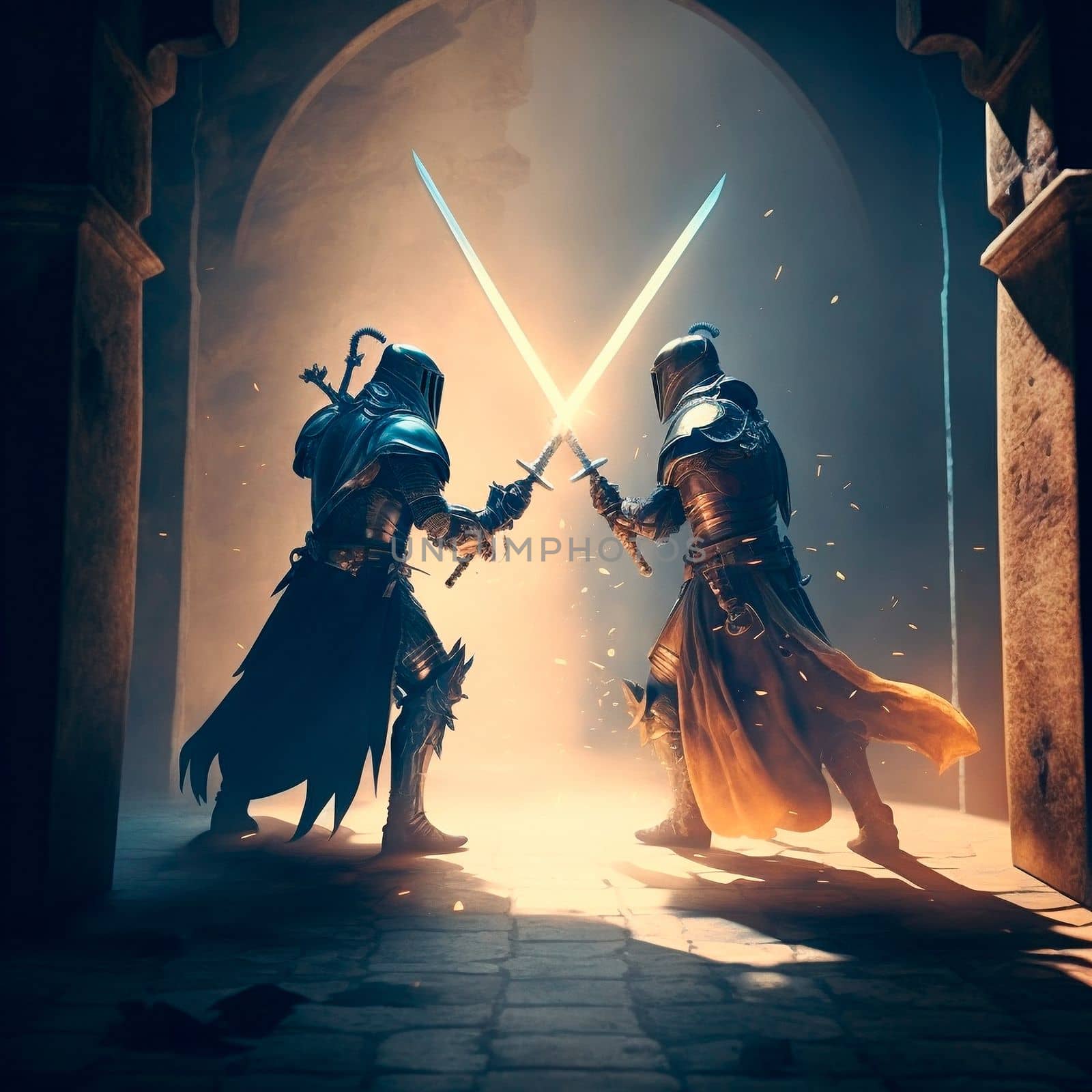 epic cinematic battle of two warriors in armor. High quality illustration