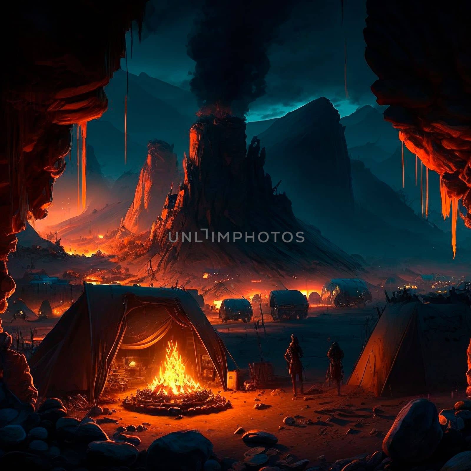 Tent city in the mountains near the volcano. Bonfire in the mountains. Lava world collection. High quality illustration