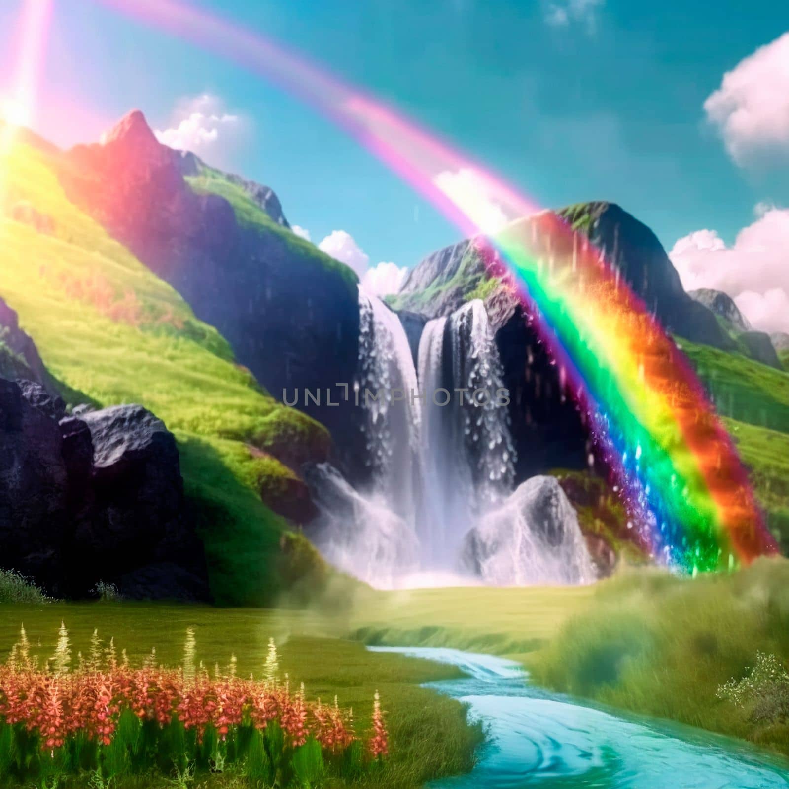 summer landscape with rainbow and waterfall. High quality illustration