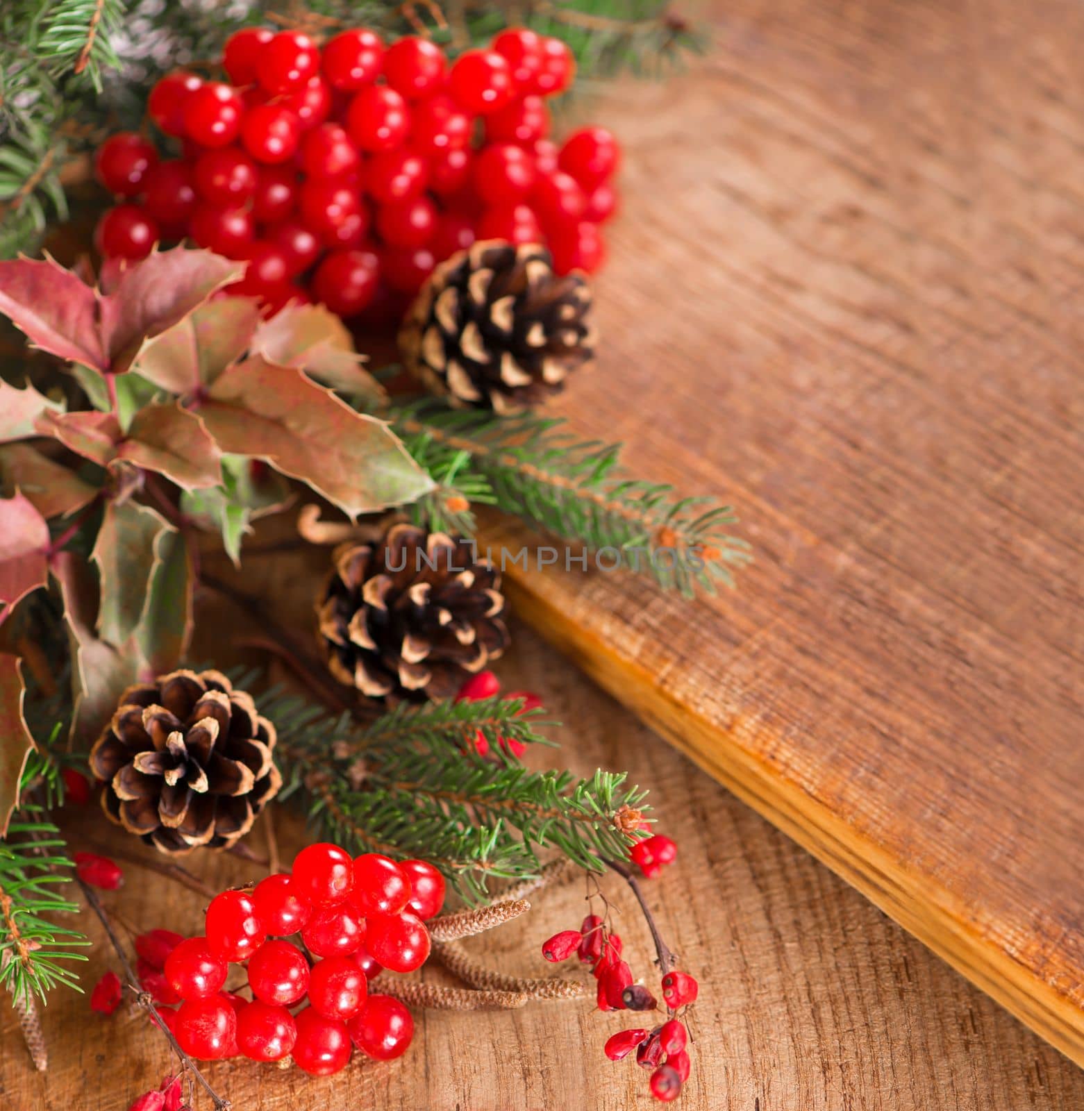 Christmas background made of ipadoub spruce branches, cones, red viburnum berries on a dark wooden rustic background. Christmas background. Copy space for text, top view. by aprilphoto