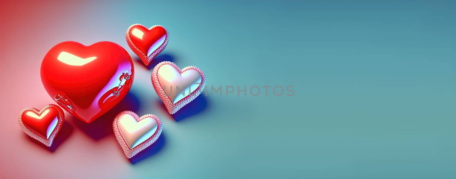 Bright red 3D heart shape on a happy Valentine's Day banner background