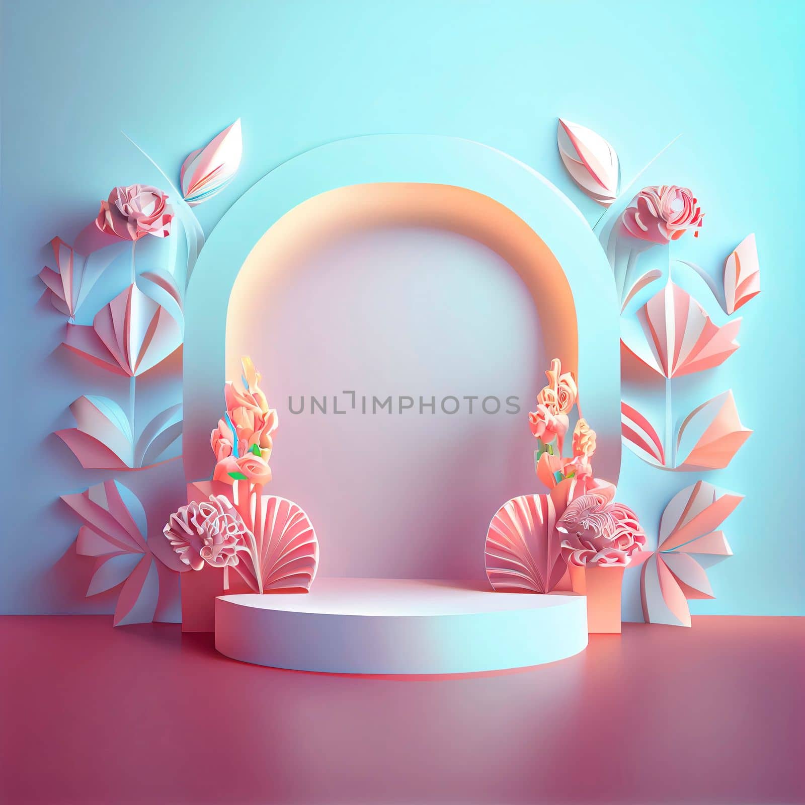 3d illustration of product stand with floral ornament by templator