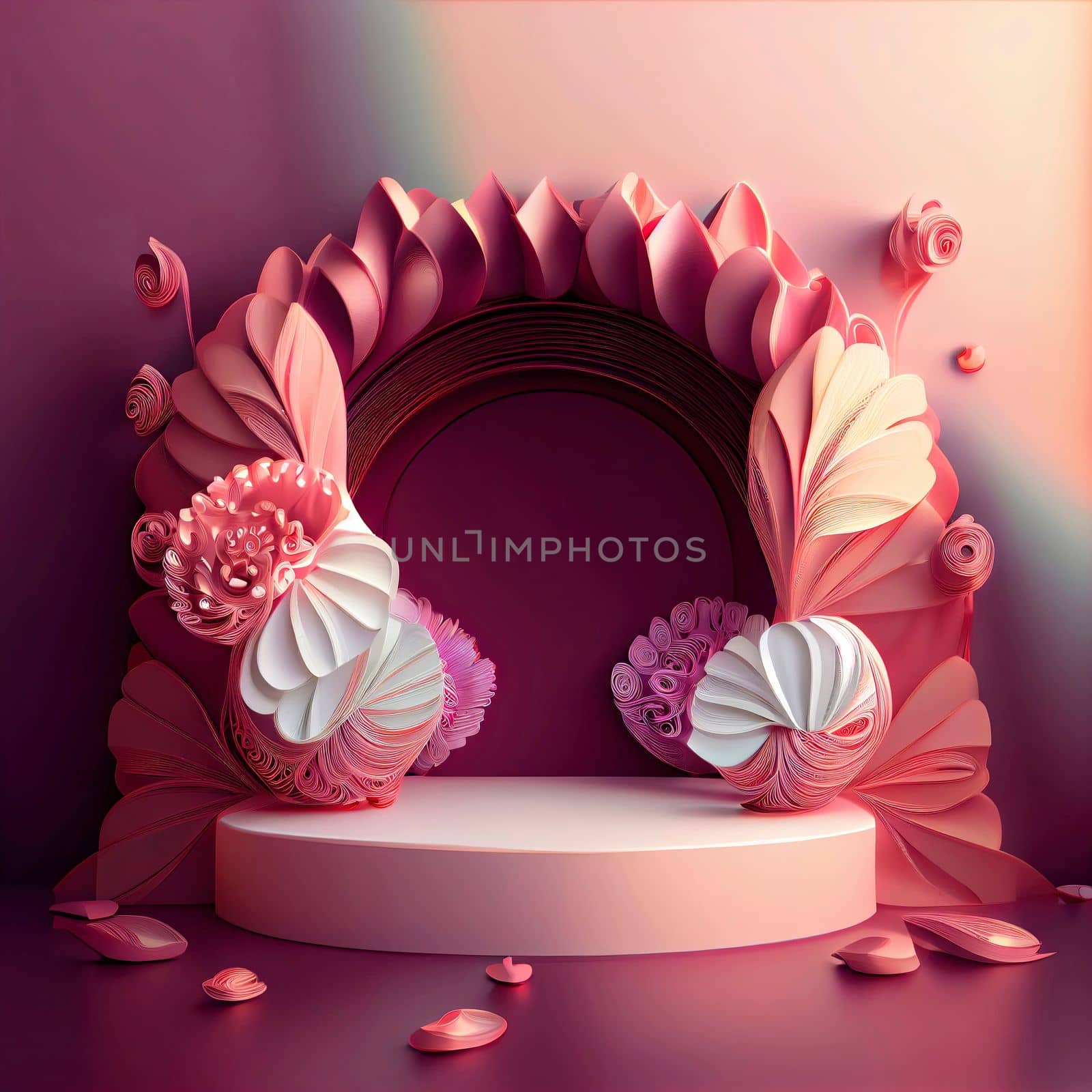 3d illustration of podium for display product with flowers by templator