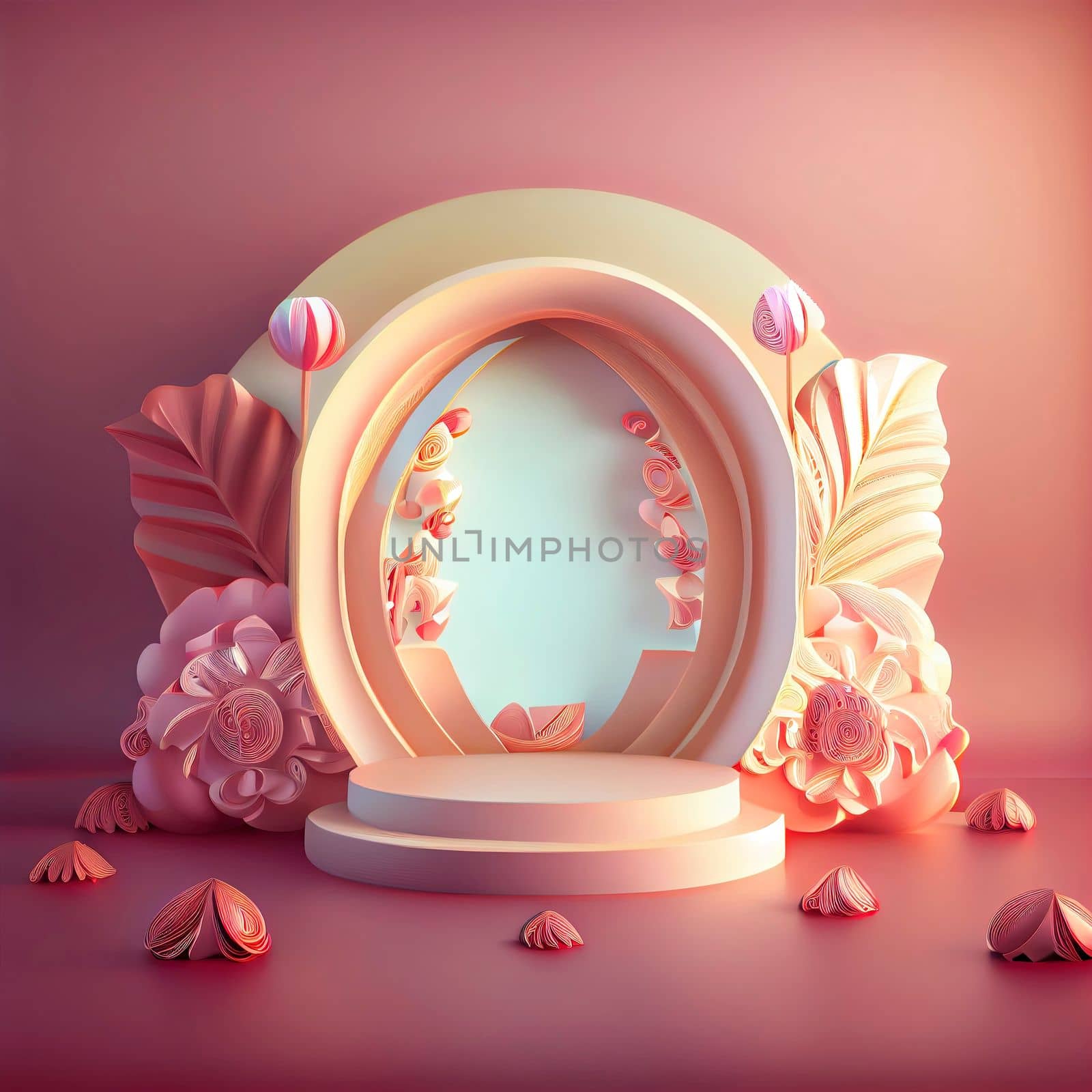 3d illustration of podium for display product with flowers by templator