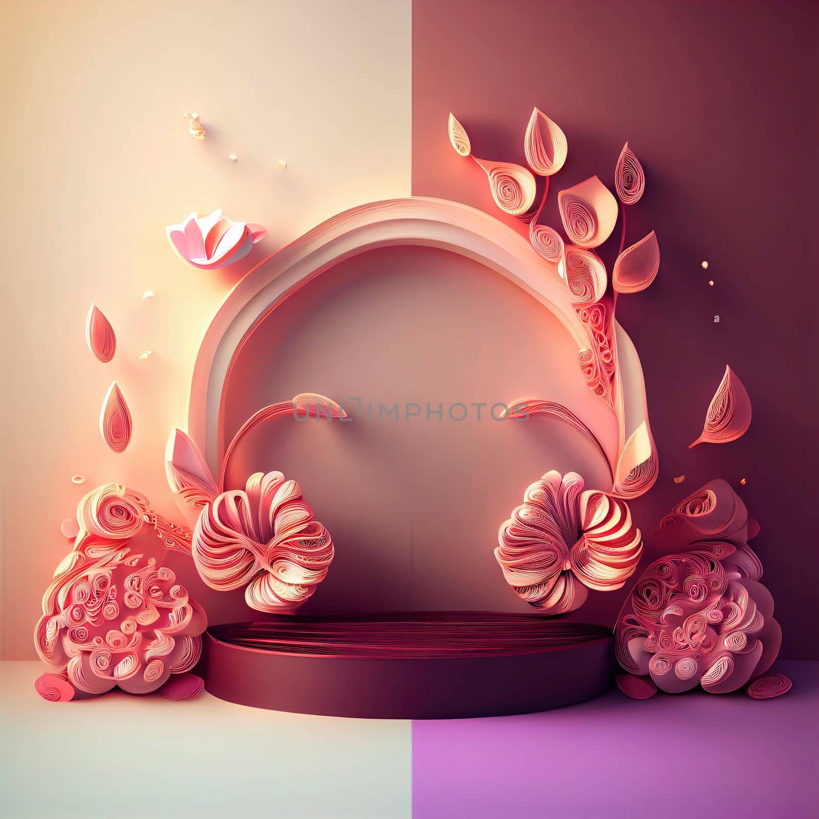 3d illustration of podium for display product with flowers