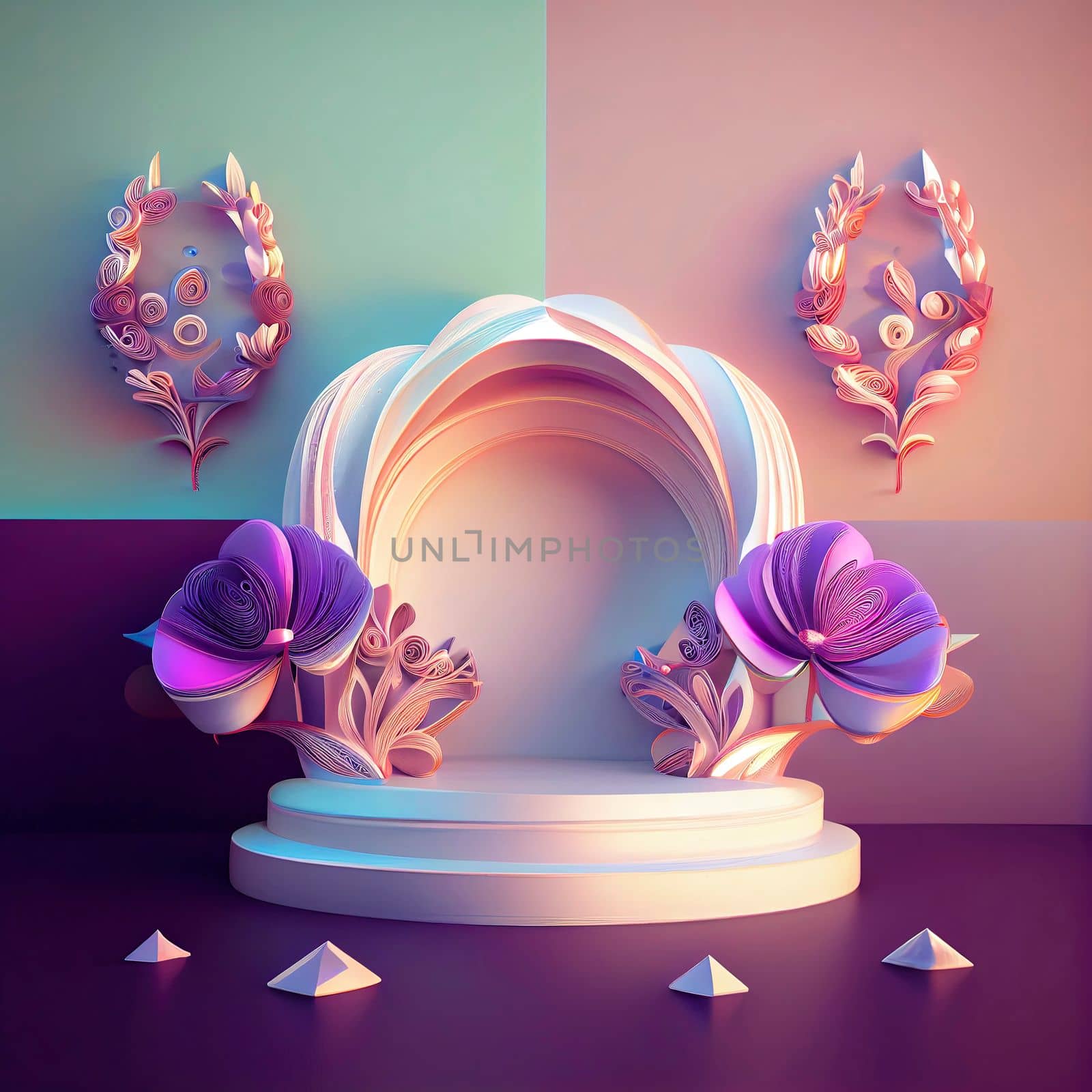 3d illustration of podium for display product with flowers