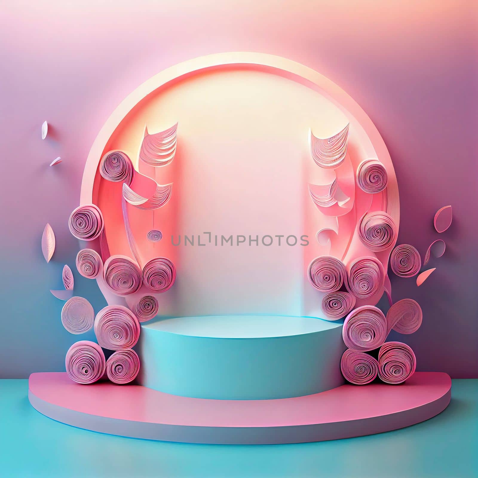 3d illustration of podium for display product with flowers by templator