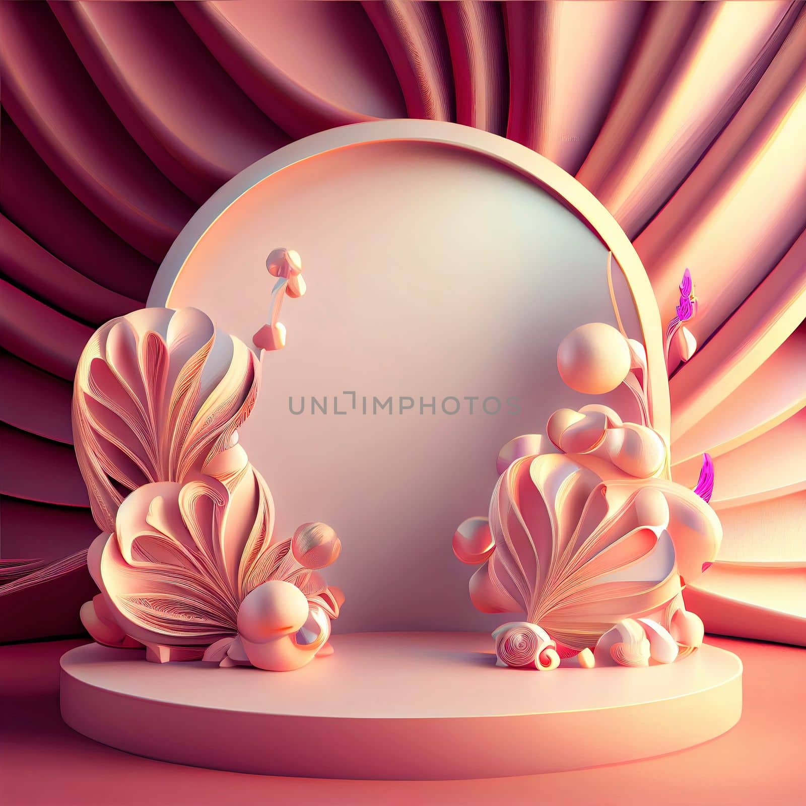 3d illustration of podium for display product with flowers