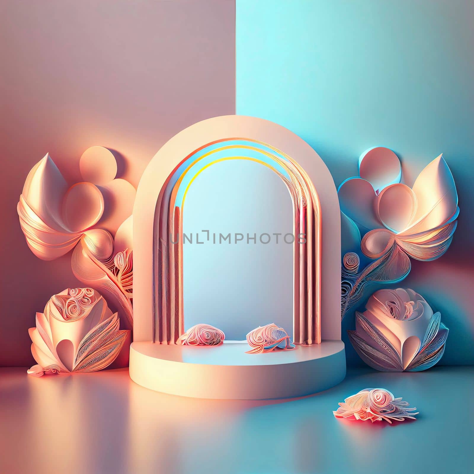 Feminine and elegant 3d podium illustration with abstract flower ornament for product display by templator