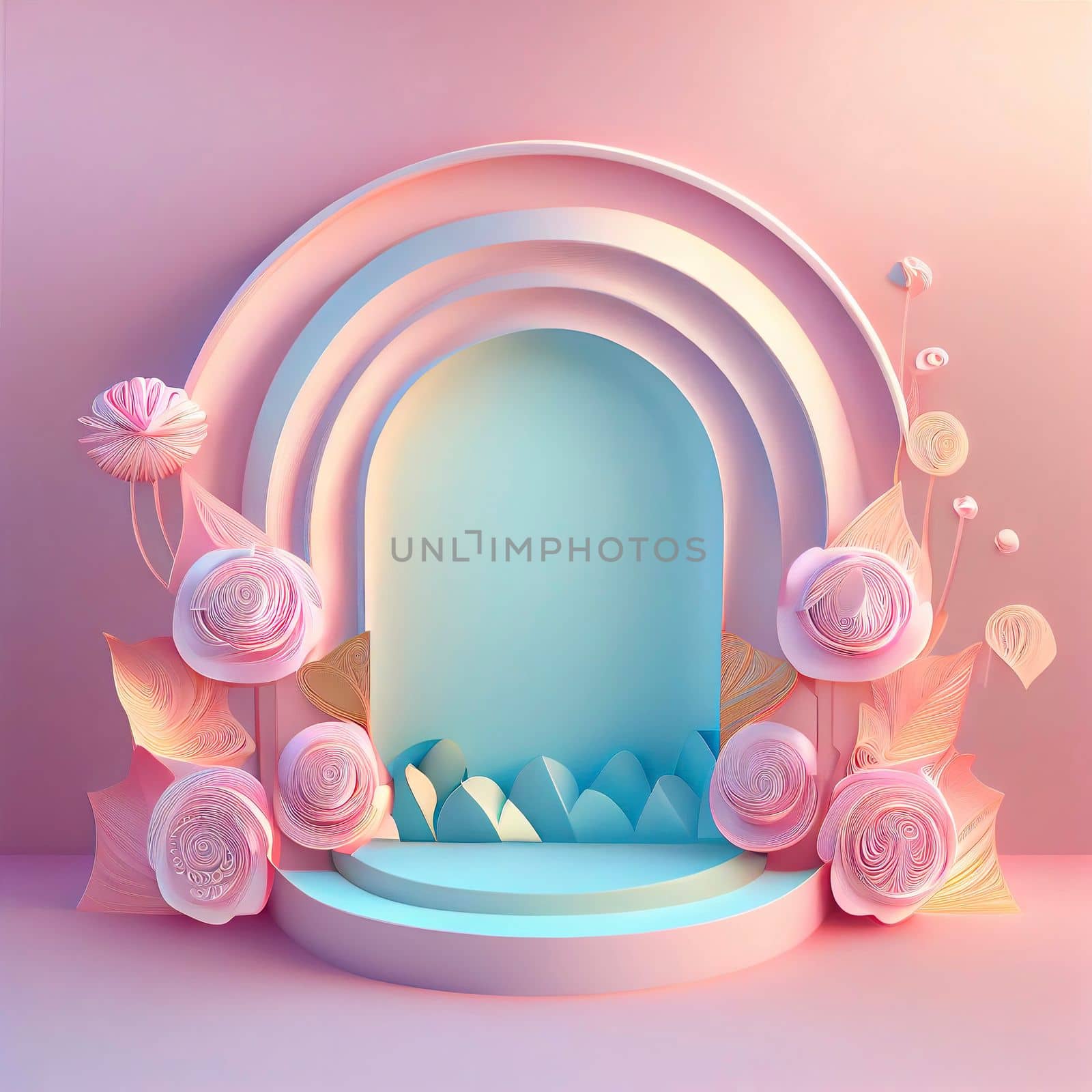 Feminine and elegant 3d podium illustration with abstract flower ornament for product display by templator
