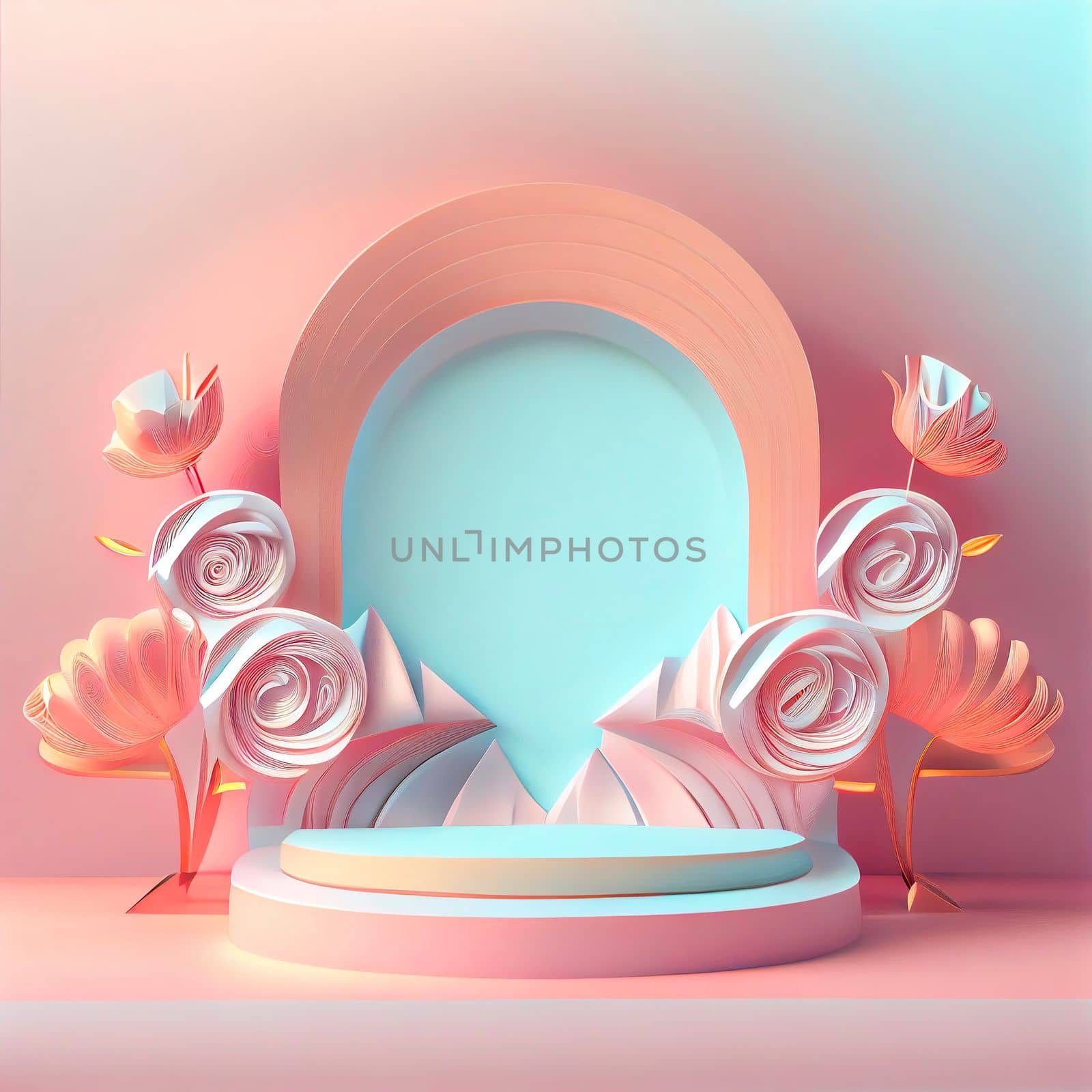 Feminine and elegant 3d podium illustration with abstract flower ornament for product display by templator