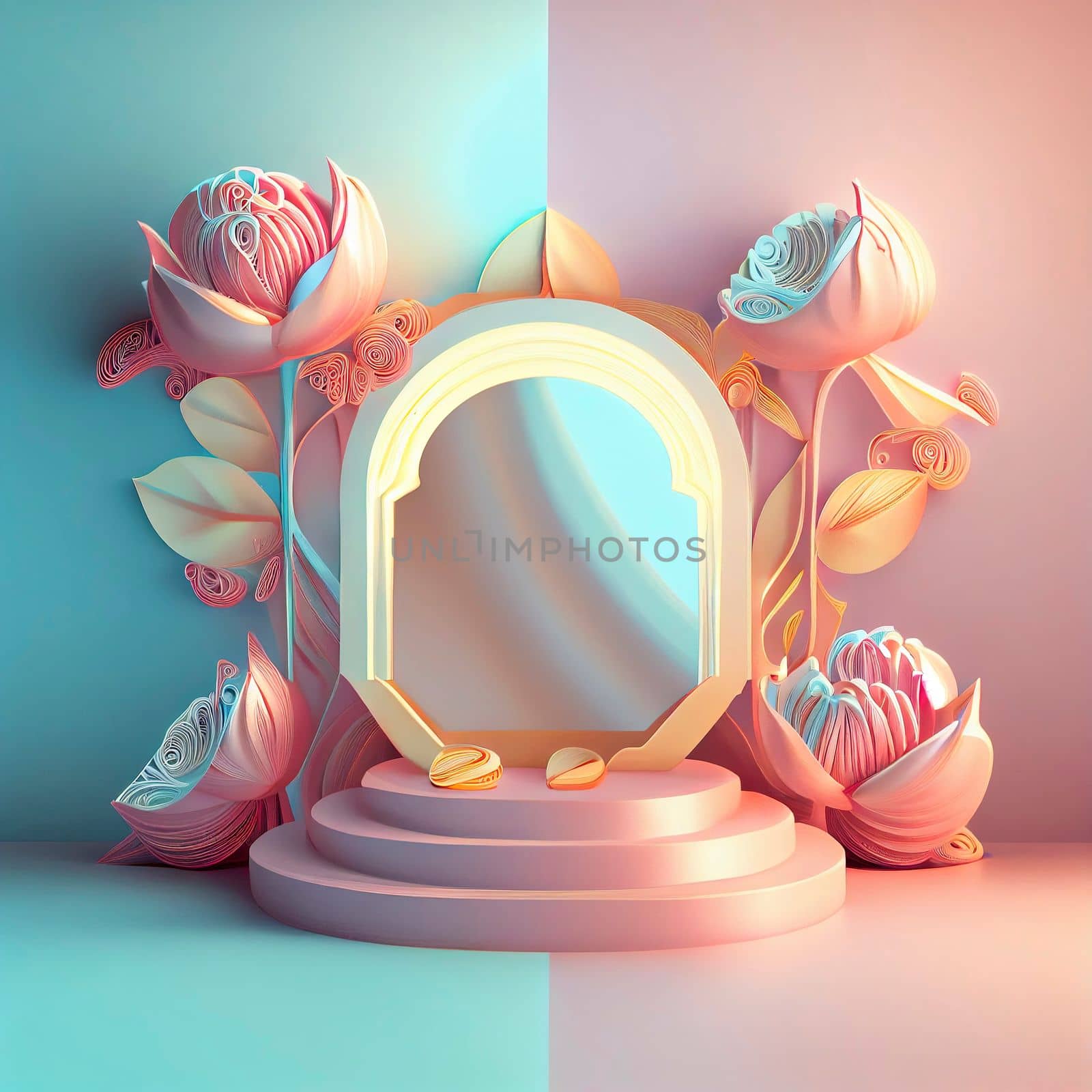 3d illustration of podium with floral ornament for product promotion by templator