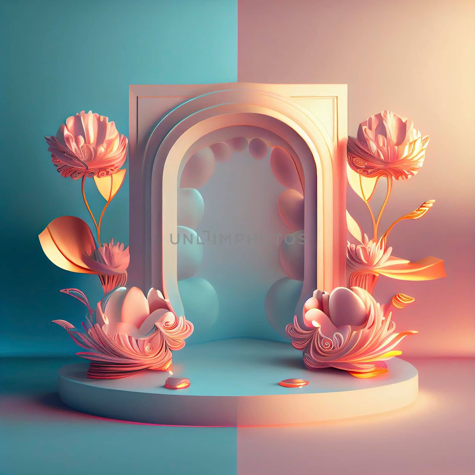 Realistic 3d illustration of podium with floral ornament for product banner by templator