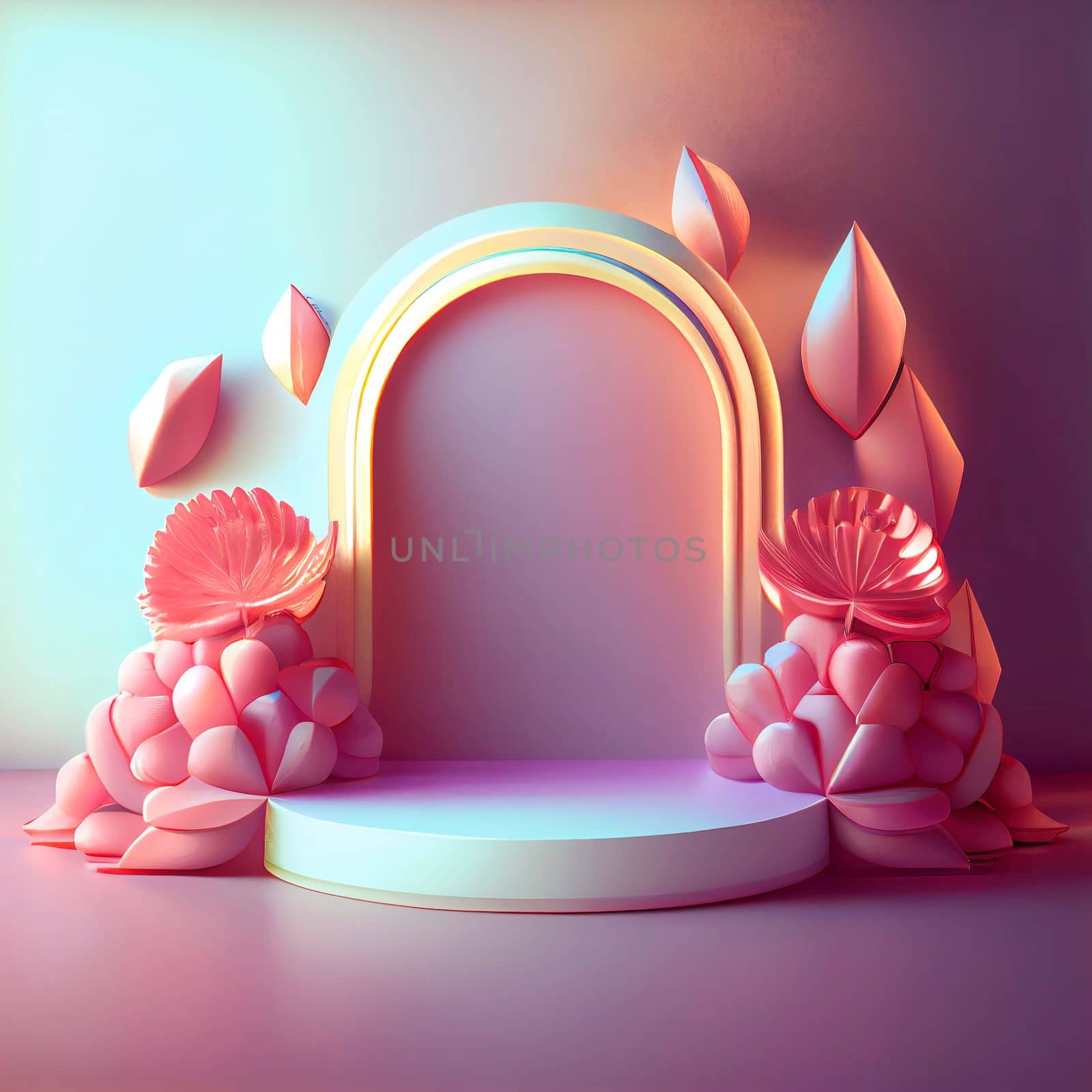 Realistic 3d illustration of podium with floral ornament for product banner by templator