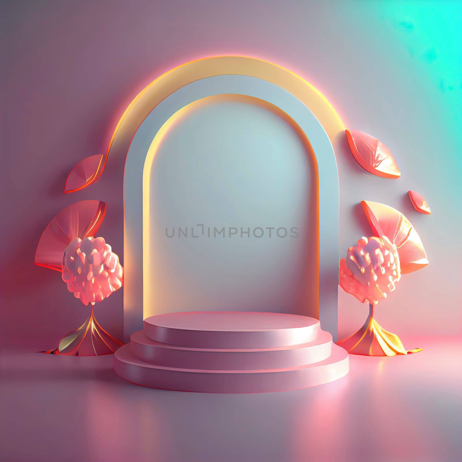 Realistic 3d illustration of podium with floral ornament for product banner by templator