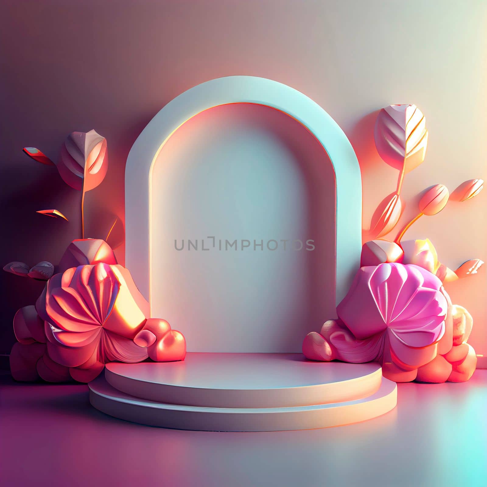 3d illustration of podium with abstract flower wreath ornament for shop product promotion