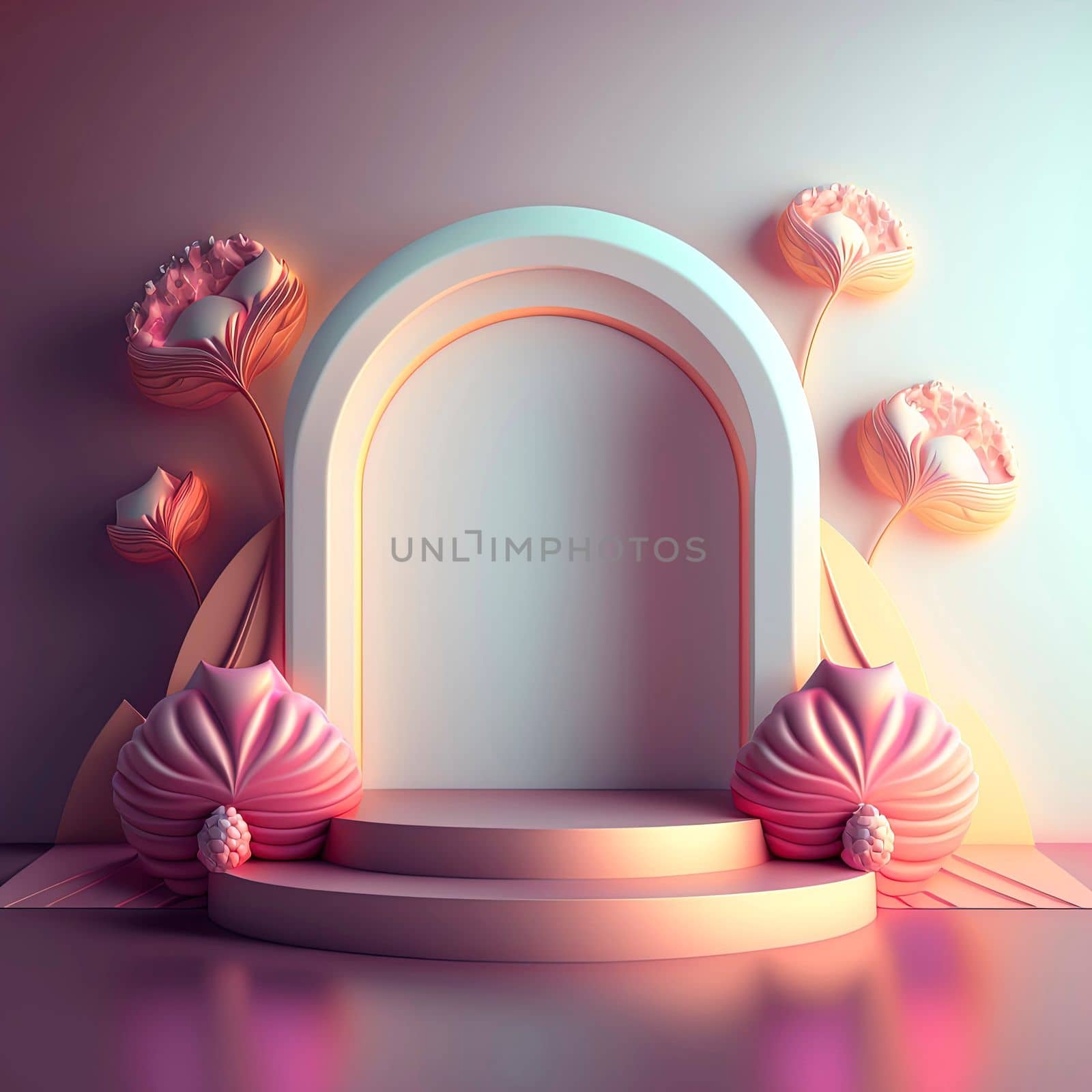 3d illustration of podium with abstract flower wreath ornament for shop product promotion