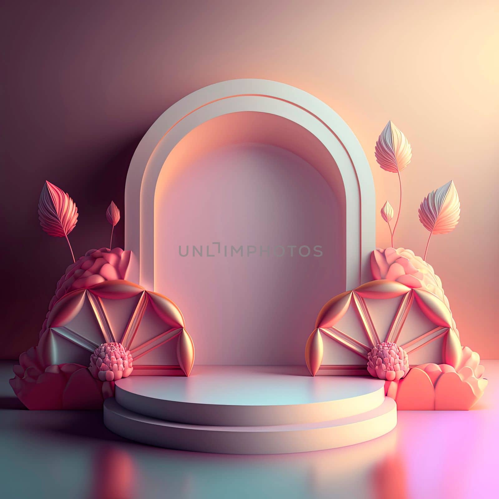 3d illustration of podium with abstract flower wreath ornament for shop product promotion by templator