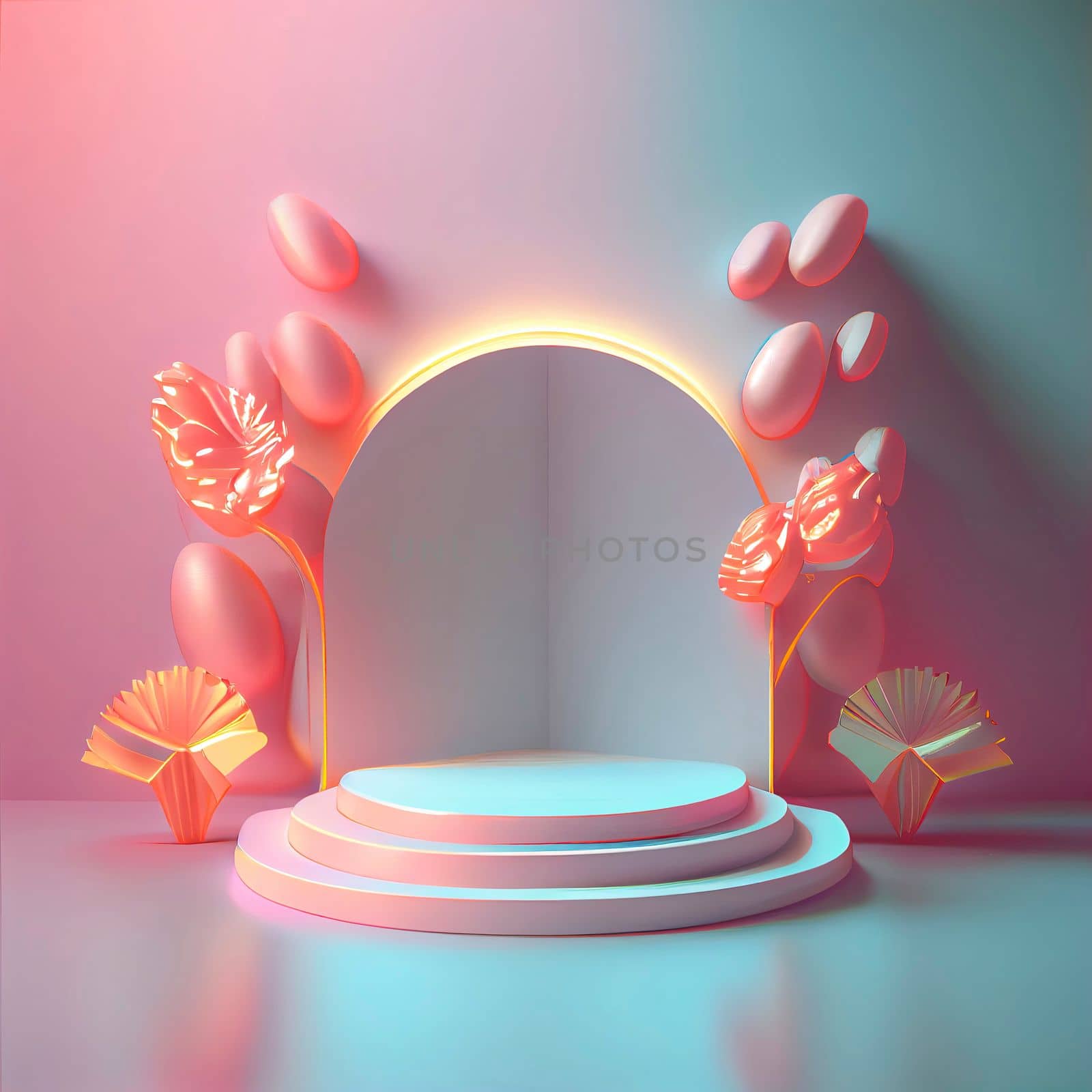 3d illustration of podium with abstract flower wreath ornament for shop product promotion by templator